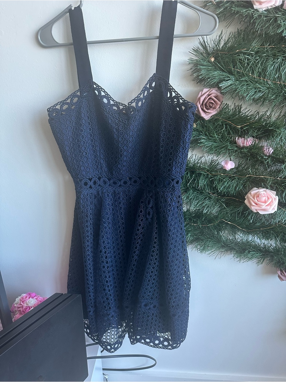 Aqua Navy Eyelet Lace Mini Dress